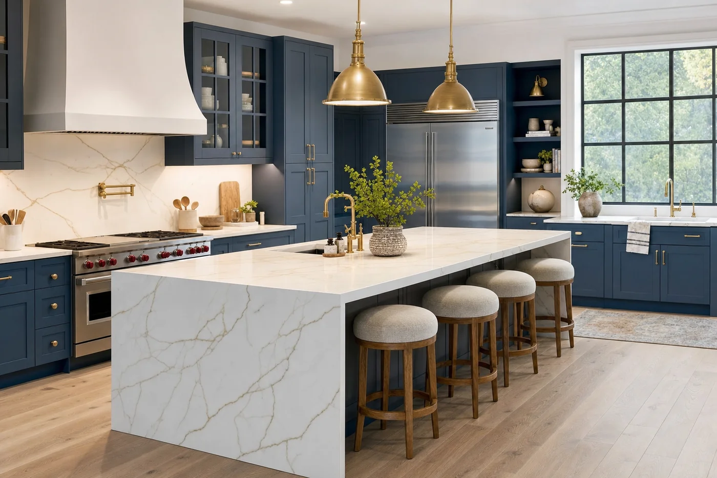 Luxury custom kitchen with Calacatta gold marble island, navy shaker cabinetry, and brass hardware