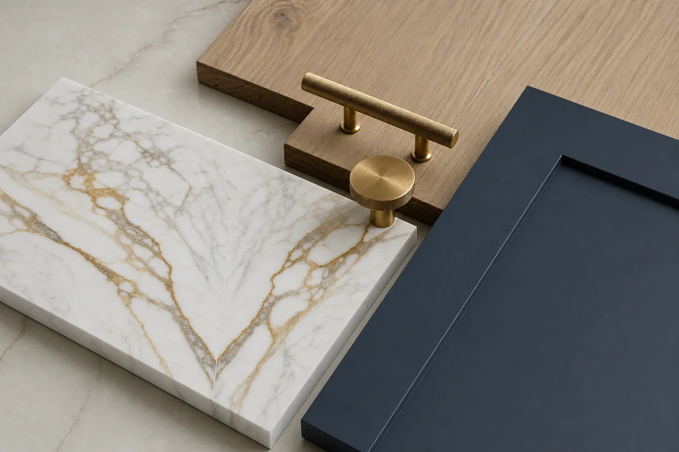 Flatlay of luxury home finish materials including marble slab, white oak flooring, and brass cabinet hardware
