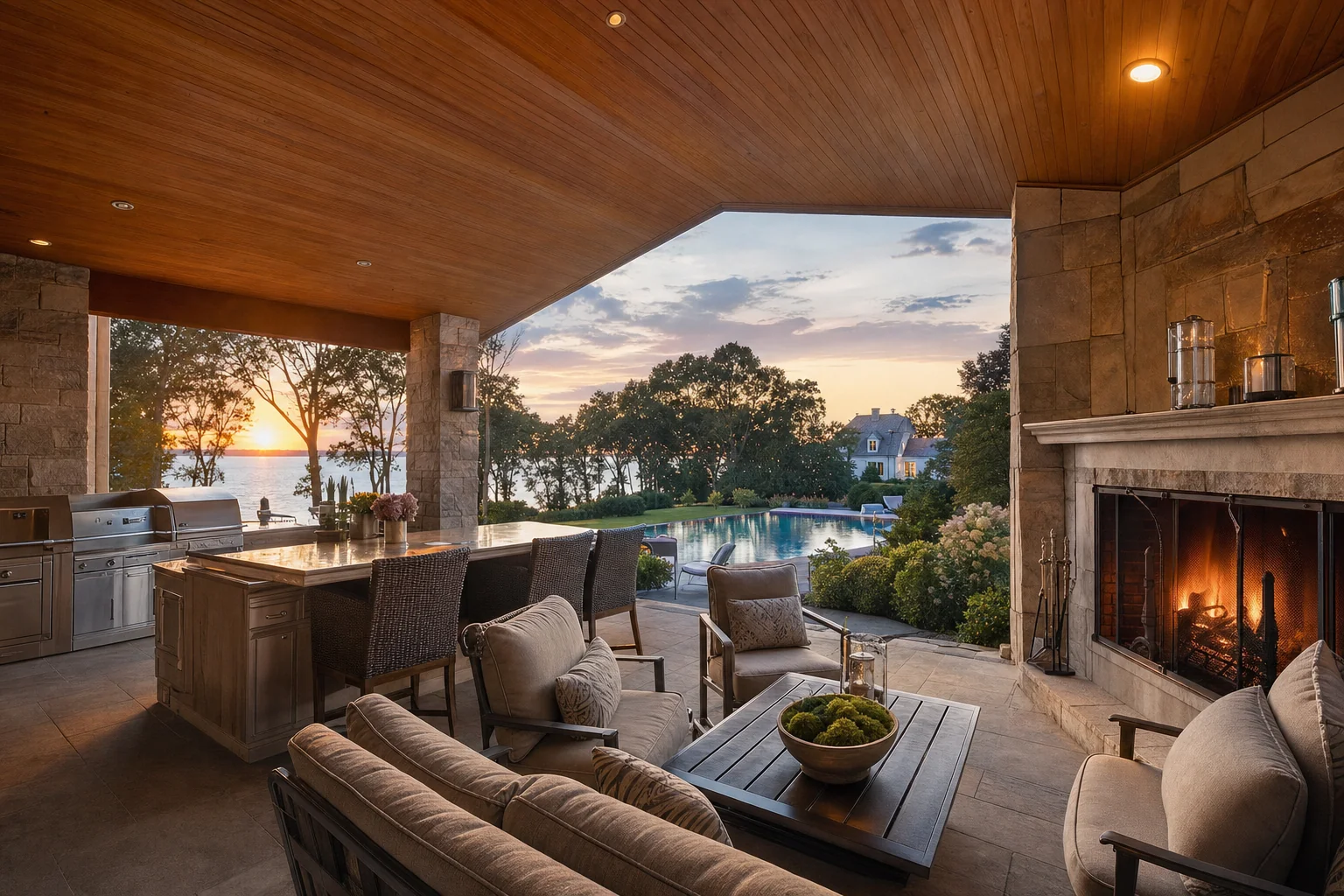 Covered stone terrace with outdoor kitchen, fireplace, and infinity pool overlooking the Long Island Sound at sunset